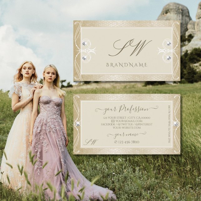 Beige Cream Mosaic Ornate Sparkle Jewels Monogram Business Card (Creator Uploaded)