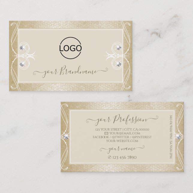 Beige Cream Mosaic Ornate Sparkle Jewels with Logo Business Card (Front/Back)
