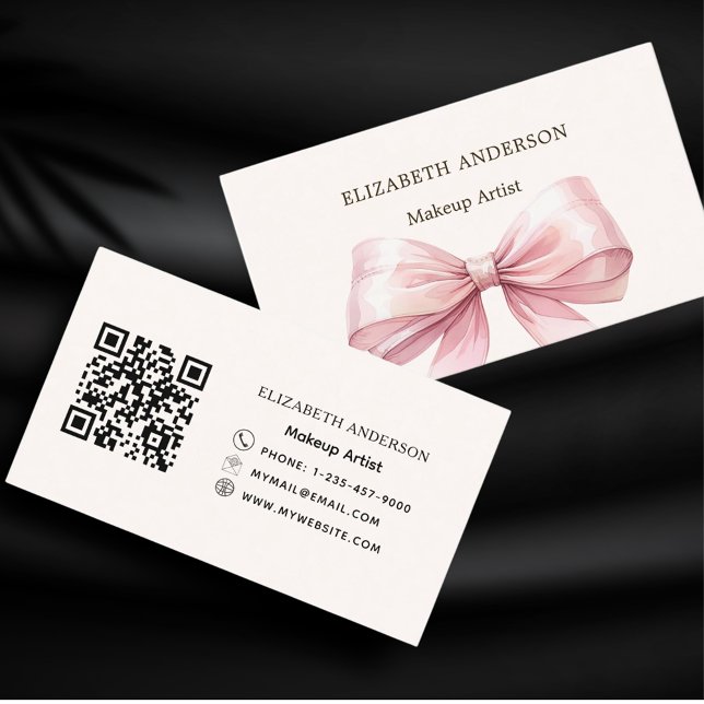 Beige cream pink bow elegant qr code business card (Creator Uploaded)