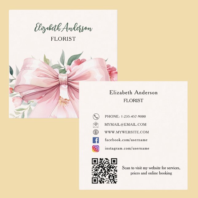 Beige cream pink bow flowers QR code social media Square Business Card (Creator Uploaded)