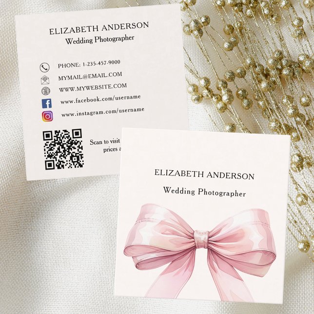 Beige cream pink bow QR code social media Square Business Card (Creator Uploaded)