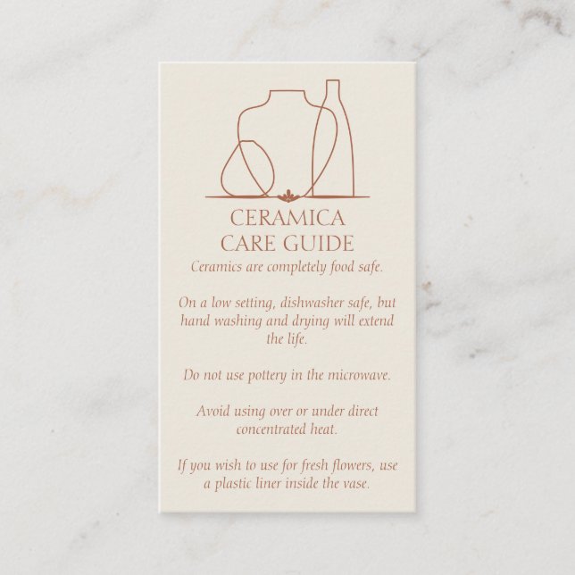 Beige Cream Pottery Vase Ceramic Care Instruction Business Card (Front)