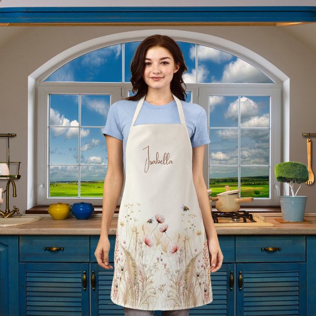 Beige cream watercolor wildflowers pink boho apron (Creator Uploaded)