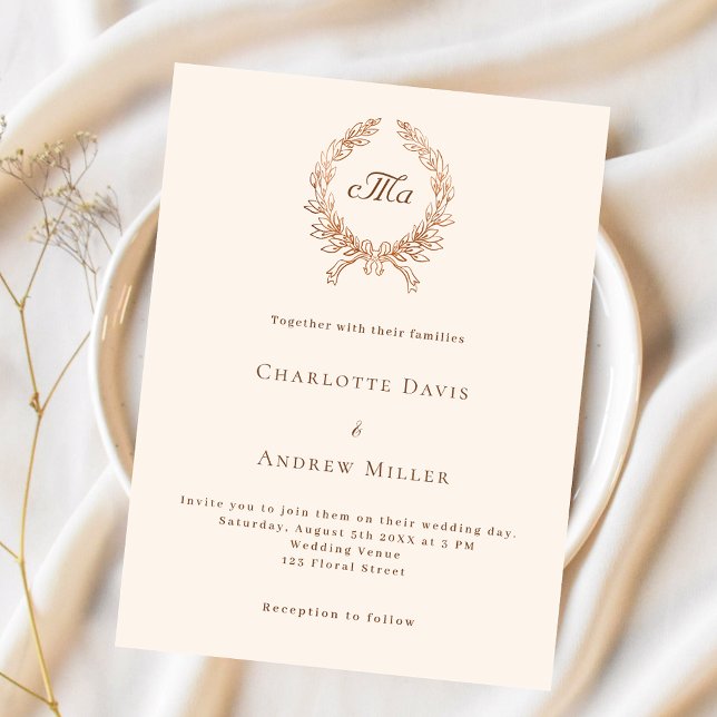 Beige crest monogram budget wedding invitation (Creator Uploaded)