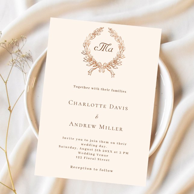 Beige crest monogram formal luxury wedding  invitation (Creator Uploaded)