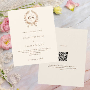 Beige crest monogram QR RSVP budget wedding