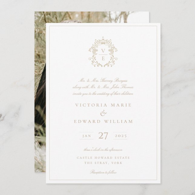 Beige Crest Monogram Wedding Photo Invitation (Front/Back)