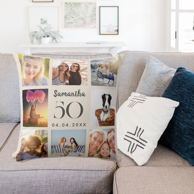 Beige custom photo collage birthday cushion (Creator Uploaded)