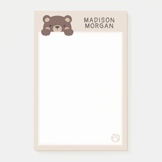 Beige Cute Bear & Paws Add Your Name Post-it Notes (Front)
