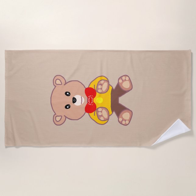 Beige Cute Bowtie Teddy Bear  Beach Towel (Front)