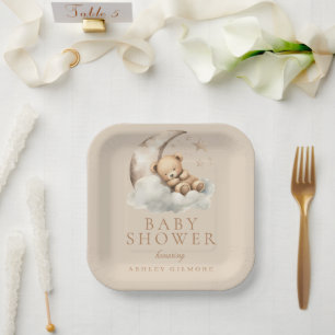 Beige Cute Teddy Bear Neutral Baby Shower Paper Plate