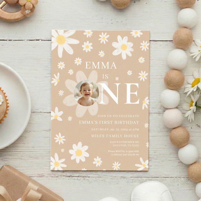 Beige Daisy First 1st Birthday Photo invitation (Creator Uploaded)