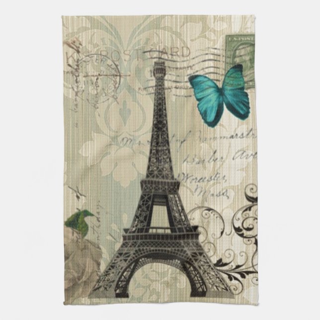 beige Damask butterfly rose Paris Eiffel Tower Tea Towel (Vertical)