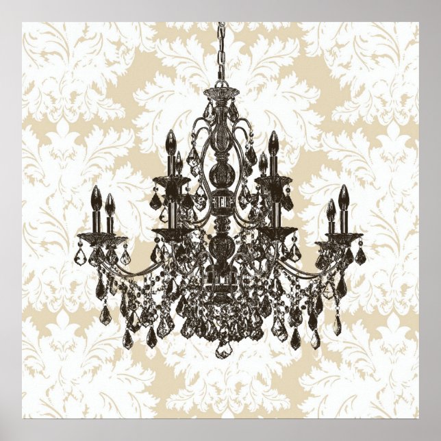 Beige Damask Chandelier Wall Art Print (Front)
