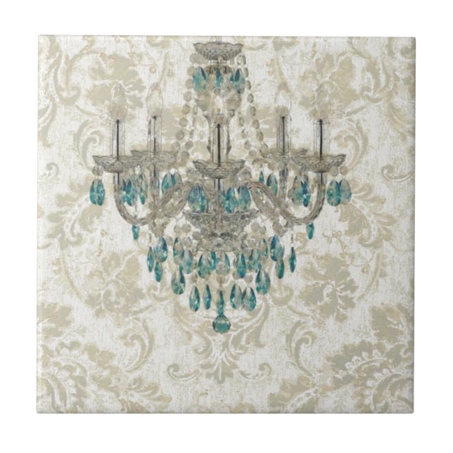 beige Damask French Country blue Chandelier Tile (Front)
