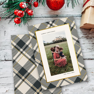 Beige & Dark Green Tartan Merry Christmas Photo Holiday Card