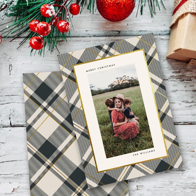 Beige & Dark Green Tartan Merry Christmas Photo Holiday Card (Creator Uploaded)