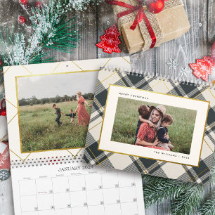 Beige & Dark Green Tartan Plaid Family Photo Calendar
