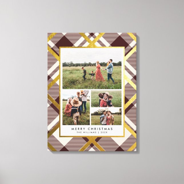 Beige & Dark Red Tartan 4 Photo Collage Christmas Canvas Print (Front)