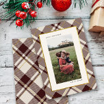 Beige & Dark Red Tartan Merry Christmas Photo Holiday Card<br><div class="desc">Capture the warmth of the season with our exquisite Christmas photo card. Embracing the timeless elegance of beige and dark red tartan adorned with delicate gold accents, this card presents your cherished family photo on a soothing beige backdrop. Radiating togetherness, our minimalist 'Merry Christmas' wishes, coupled with your family name,...</div>