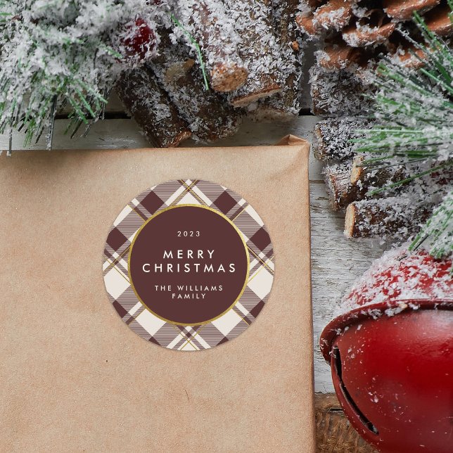 Beige & Dark Red Tartan Plaid Merry Christmas Classic Round Sticker (Creator Uploaded)