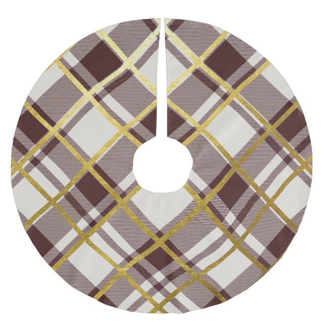 Beige & Dark Red Tartan Plaid Pattern Brushed Polyester Tree Skirt (Front)