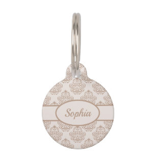 Beige Decorative Damask Pattern & Custom Pet Info Tag