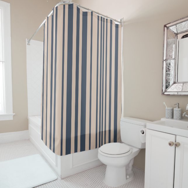 Beige/Deep Blue Simple Stylish Stripe Pattern Shower Curtain (In Situ)