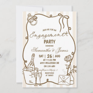 Beige Doodle Handwritten Champagne Engagement Invitation