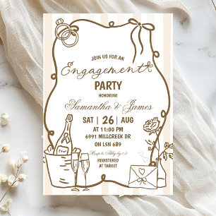 Beige Doodle Handwritten Champagne Engagement Invitation