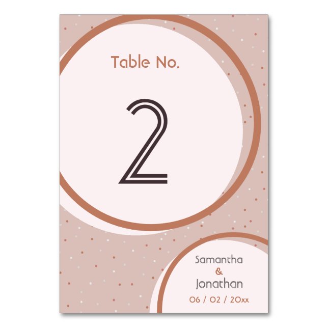 Beige Dots and Circles Wedding Table Number Card (Front)