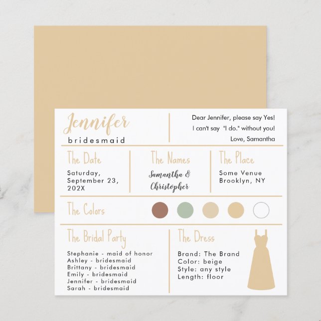 Beige Dress Colour Bridesmaid Information Card (Front/Back)