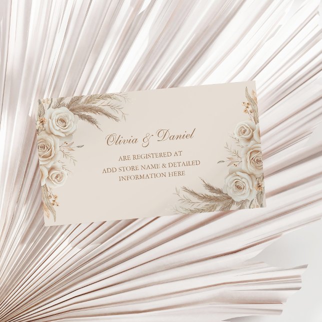 Beige Dried Flower and White Roses Registry Card (Beige Dried Flower and White Roses Registry Card on a sunny neutral dry palm leaf.)