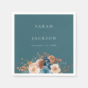 Beige & Dusty Blue Floral Name Napkins V2 - Teal