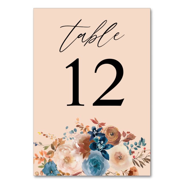 Beige & Dusty Blue Floral Table Number - Beige (Front)