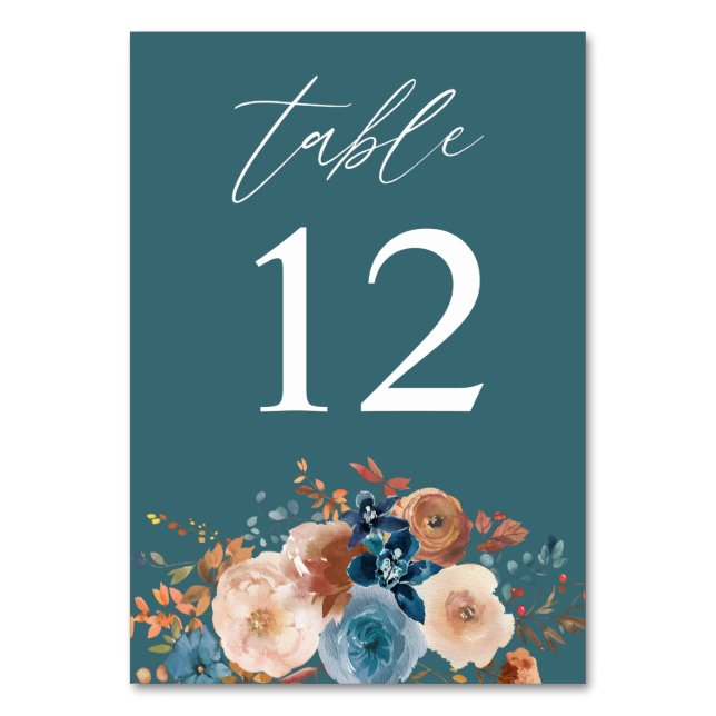 Beige & Dusty Blue Floral Table Number - Teal (Front)
