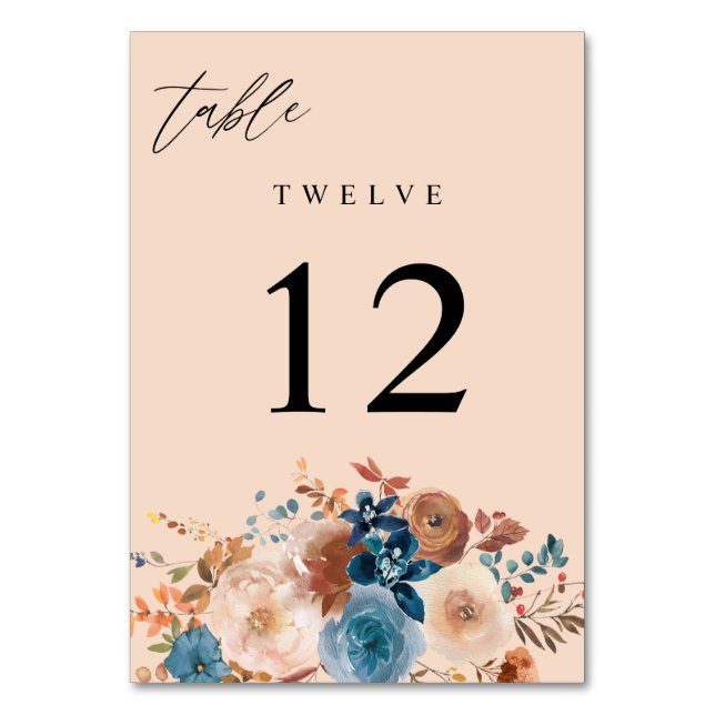 Beige & Dusty Blue Floral Table Number V2 - Beige (Front)