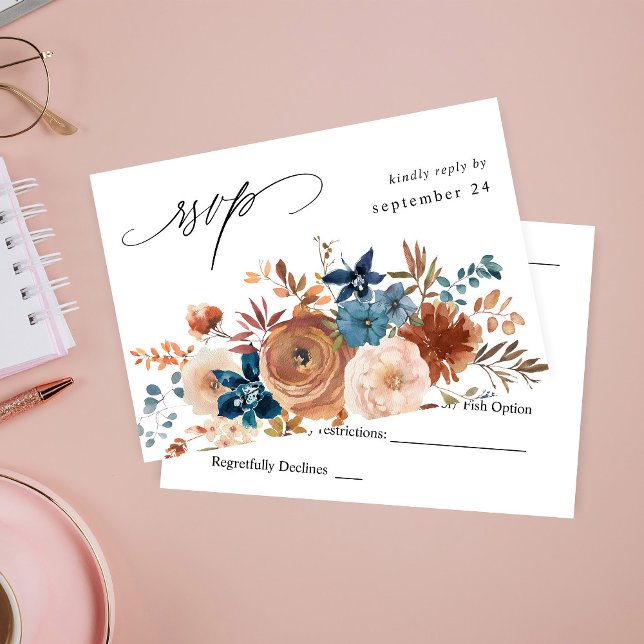 Beige & Dusty Blue Floral w Meal RSVP  Card (Creator Uploaded)