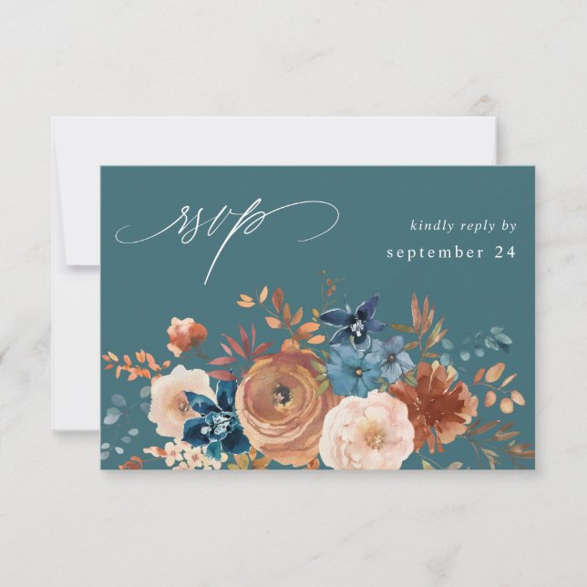 Beige & Dusty Blue Floral w Meal RSVP - Teal (Front)