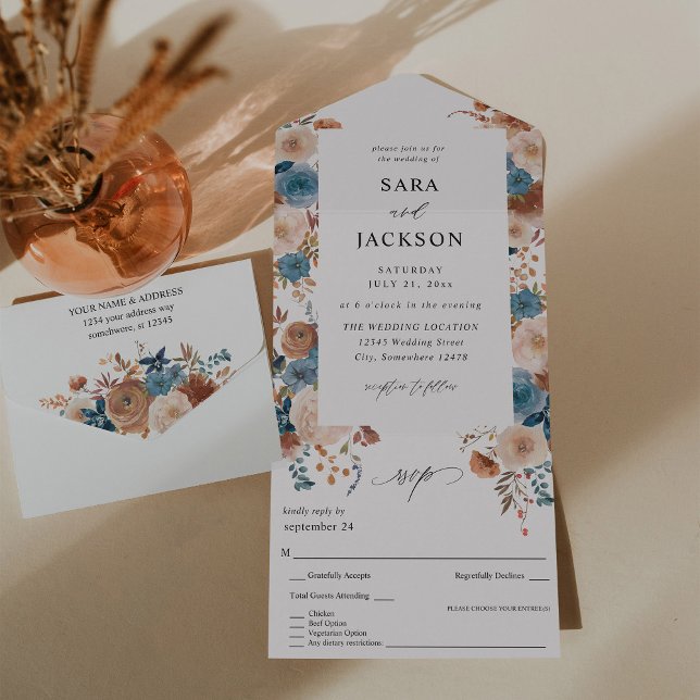 Beige & Dusty Blue Floral Wedding All In One Invitation (Creator Uploaded)
