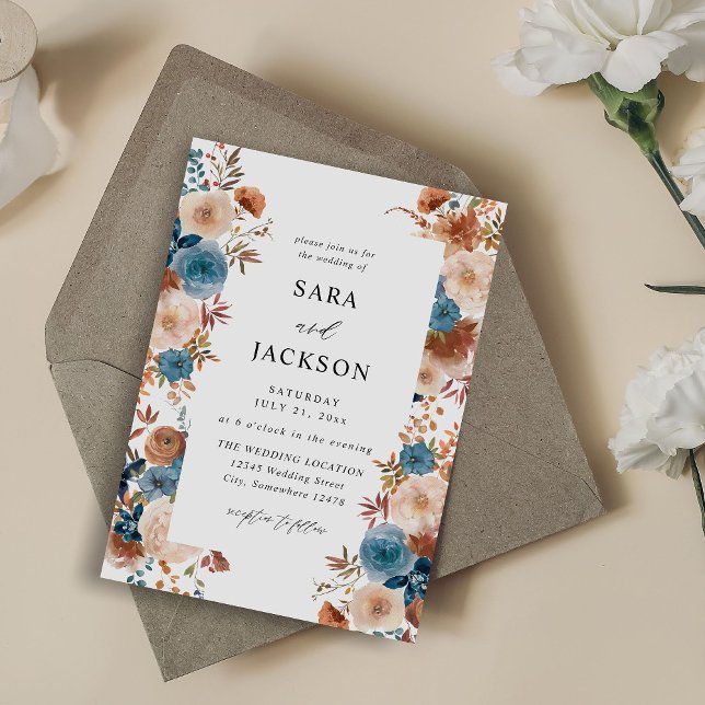 Beige & Dusty Blue Floral Wedding Invitation (Creator Uploaded)