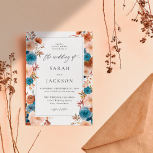 Beige & Dusty Blue Floral Wedding S2 - w Blue LN Invitation