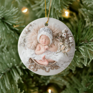 Beige Elegant Calligraphy My First Christmas Photo Ceramic Tree Decoration