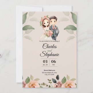 Beige elegant illustrative floral wedding invitation