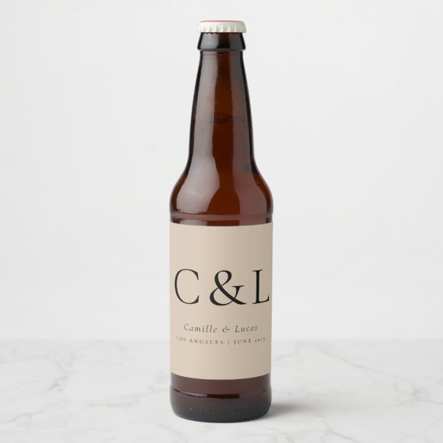 Beige Elegant Minimalist Wedding Monogram  Beer Bottle Label (Front)