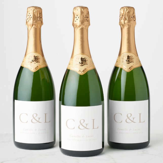 Beige Elegant Minimalist Wedding Monogram  Sparkling Wine Label (Bottles)