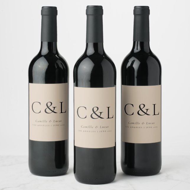 Beige Elegant Minimalist Wedding Monogram  Wine Label (Bottles)