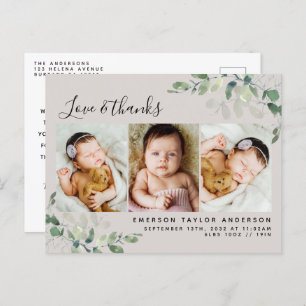 Beige Eucalyptus Photo Baby Thank You Announcement Postcard