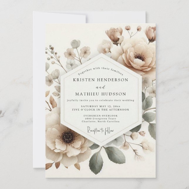 Beige Faded Bloom Wedding Invitation (Front)