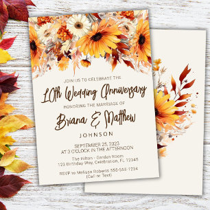 Beige Fall Floral 10th Wedding Anniversary  Invitation